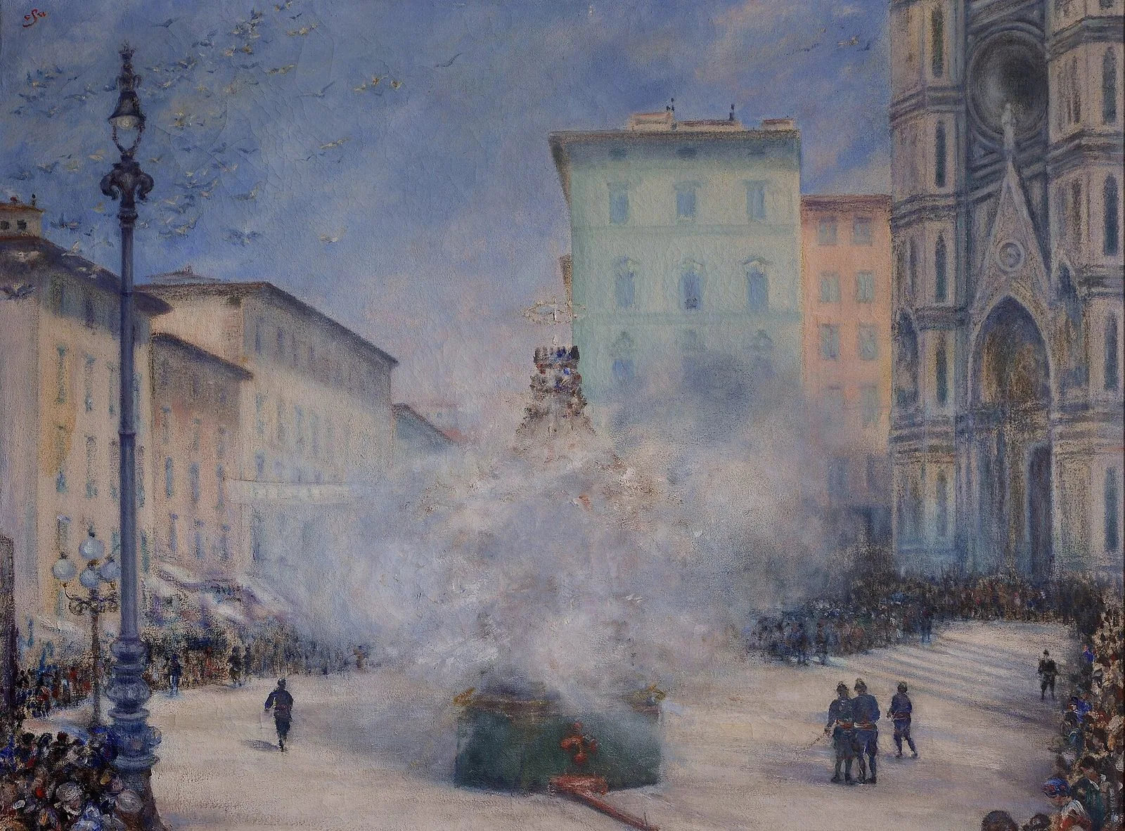 Dipinto che raffigura lo Scoppio del Carro in Piazza del Duomo: il carro avvolto da una nuvola di fumo bianco, la facciata della Cattedrale sulla destra, la folla ai lati della piazza e uno stormo di colombi nel cielo